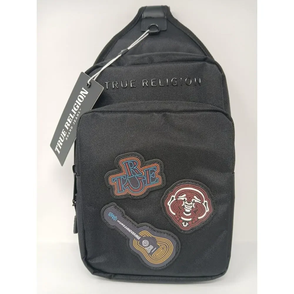 True Religion Black Crossbody Bag Men Zip Outer Pockets Guitar Character